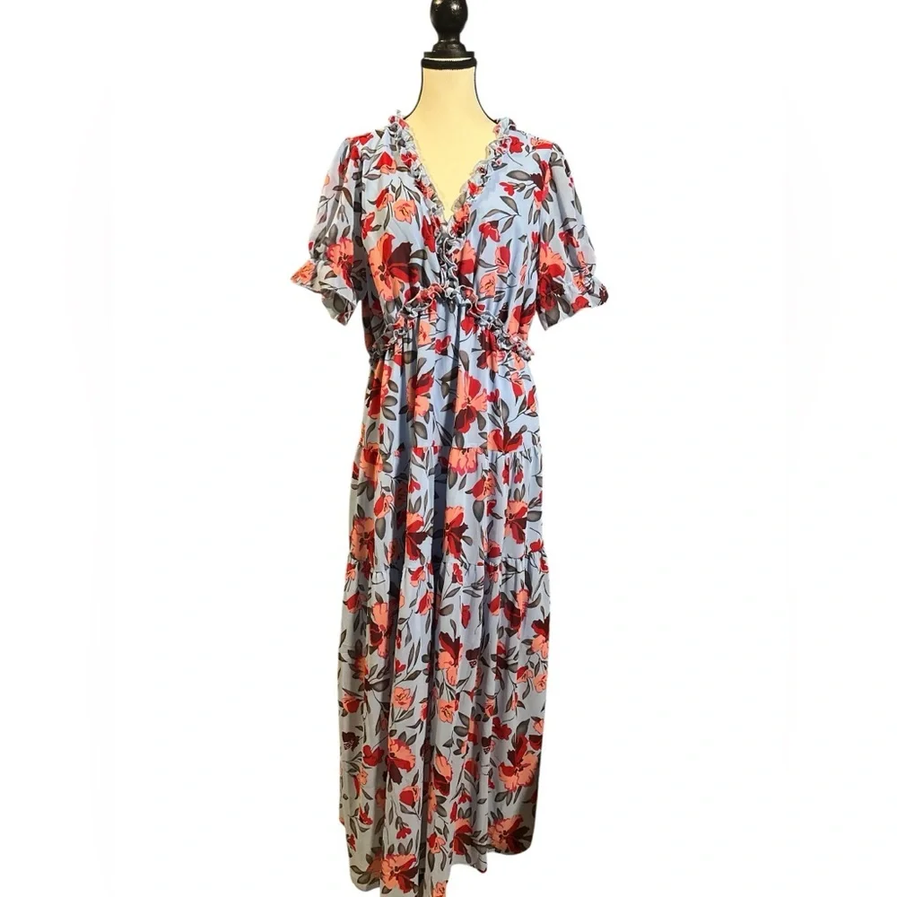 Elegant Floral Maxi Dress in Blue and Red - Picture 3 of 7